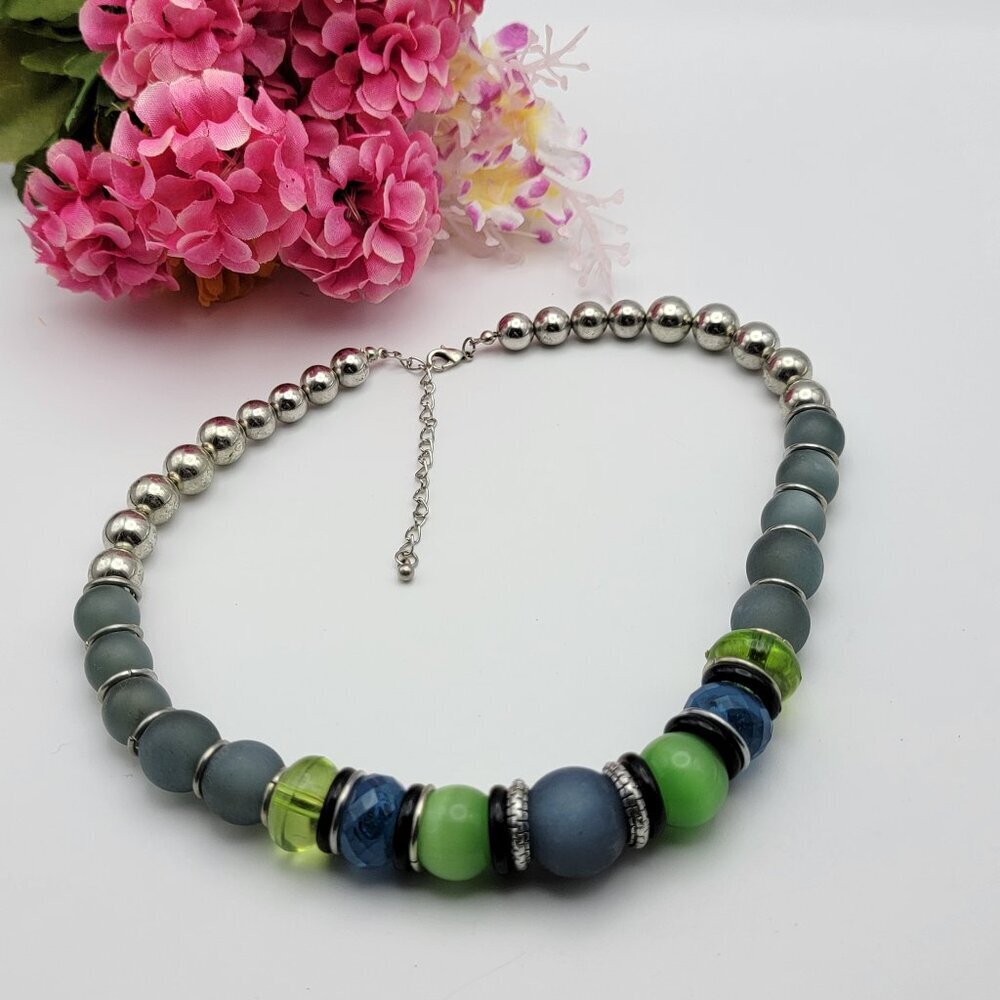 Chunky Green Moonstone Glass & Blue Acrylic Beaded Necklace Silver Tone 21" Adj.